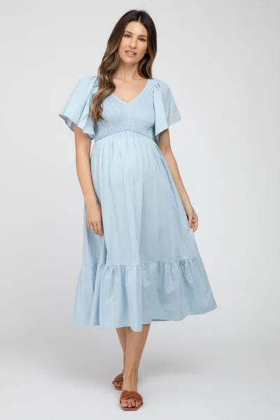 PinkBlush Light Blue Smocked Ruffle Hem Maternity Midi Dress