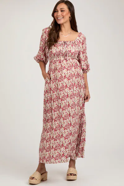 PinkBlush Red Abstract Floral Smocked Maternity Maxi Dress