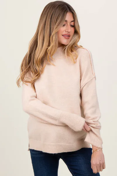 PinkBlush Cream Mock Neck Contrast Seam Maternity Sweater