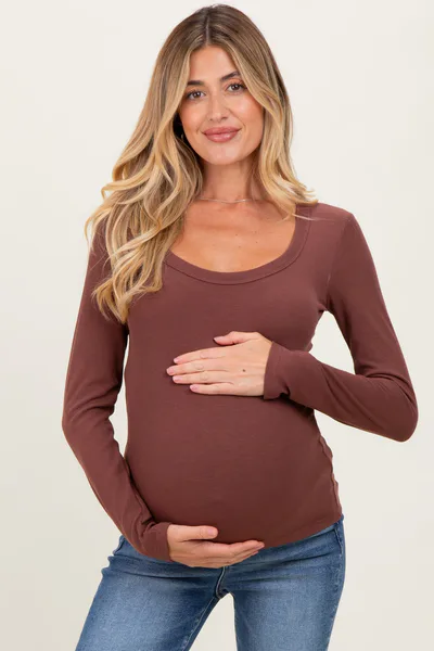 PinkBlush Dark Mocha Ribbed Square Neck Long Sleeve Maternity Top
