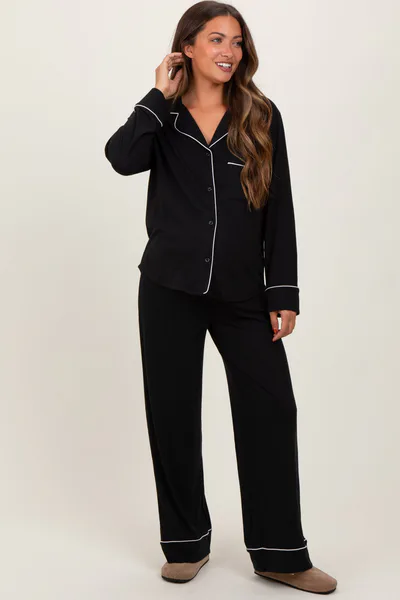 PinkBlush Black Button Down Top Wide Leg Pant Maternity Pajama Set