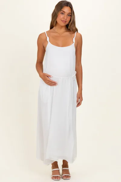 PinkBlush Off White Sleeveless Flower Belt Maxi Dress