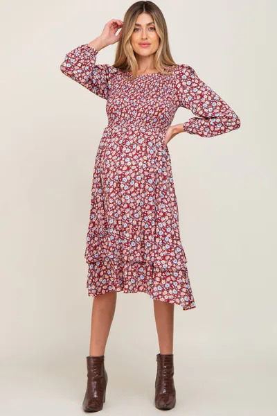 PinkBlush Burgundy Floral Smocked Long Sleeve Maternity Midi Dress