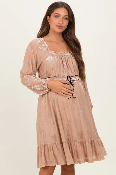 PinkBlush Mocha Floral Velvet Ruffle Accent Maternity Dress