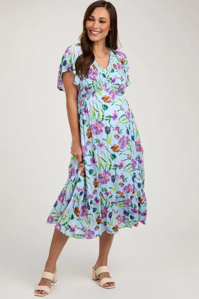 PinkBlush Light Blue Floral Flutter Sleeve Smocked Maternity Midi Dress