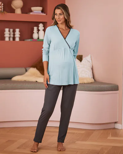 Angel Maternity 2 Piece Maternity/ Nursing Pajama Set in Blue/Grey