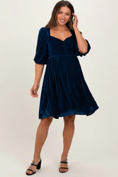 PinkBlush Navy Velvet Sweetheart Button Accent Maternity Dress