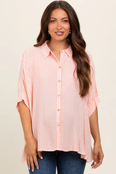 PinkBlush Peach Striped Button Up Dolman Maternity Top