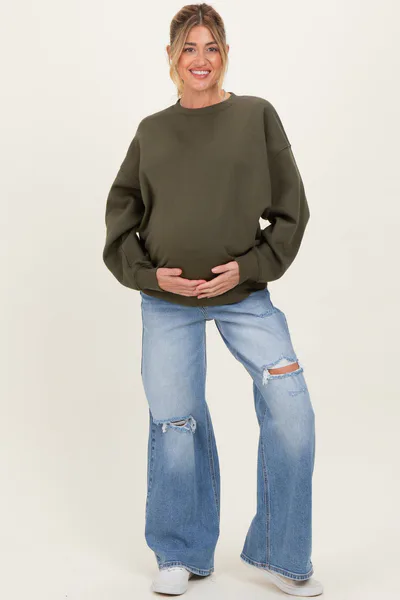 PinkBlush Blue Distressed Open Knee Baggy Wide Leg Maternity Jeans