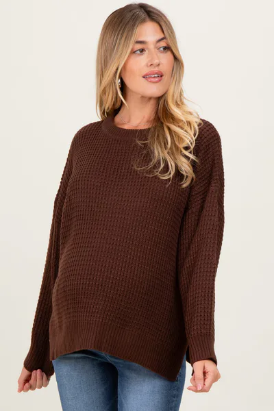 PinkBlush Brown Waffle Knit Side Slit Maternity Sweater