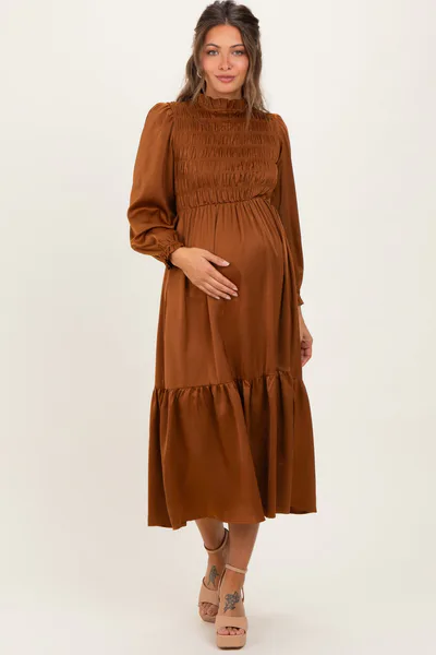 PinkBlush Mocha Mock Neck Satin Smocked Chest Maternity Dress