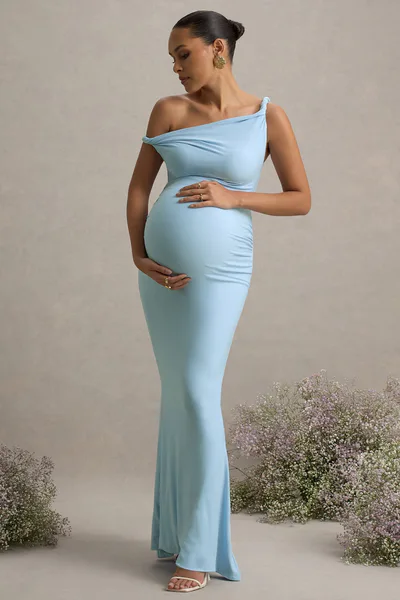 Club L London Lita | Powder Blue Twisted Asymmetric Maternity Maxi Dress