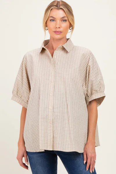PinkBlush Oatmeal Oversized Check Plaid Maternity Button Down Shirt
