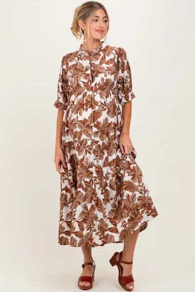 PinkBlush Brown Leaf Print Tiered Maternity Midi Dress