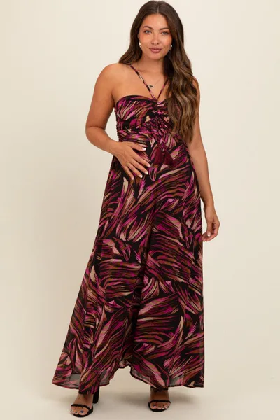 PinkBlush Black Printed Halter Cross Back Maternity Maxi Dress
