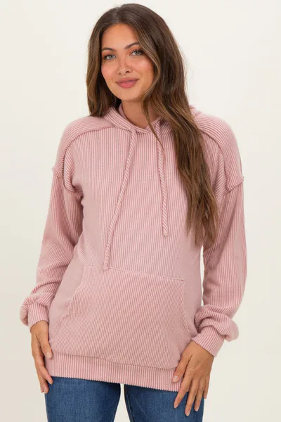 PinkBlush Pink Long Sleeve Brushed Urban Rib Maternity Hoodie Top