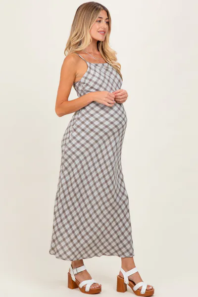 PinkBlush Ivory Plaid Sleeveless Maternity Maxi Dress