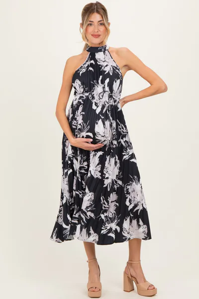 PinkBlush Black Floral Pleated Halter Neck Maternity Midi Dress