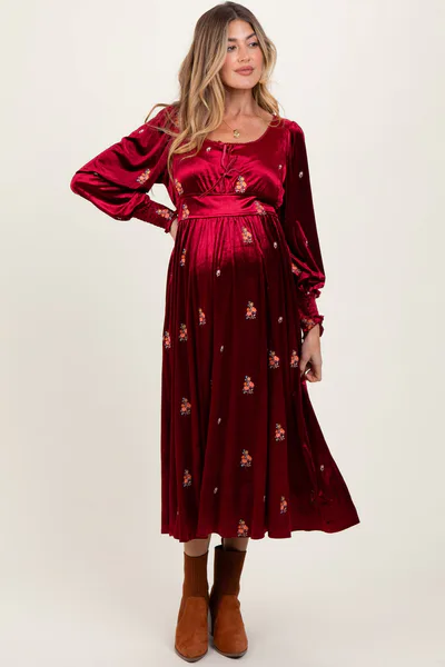 PinkBlush Red Velvet Embroidered Floral Maternity Midi Dress