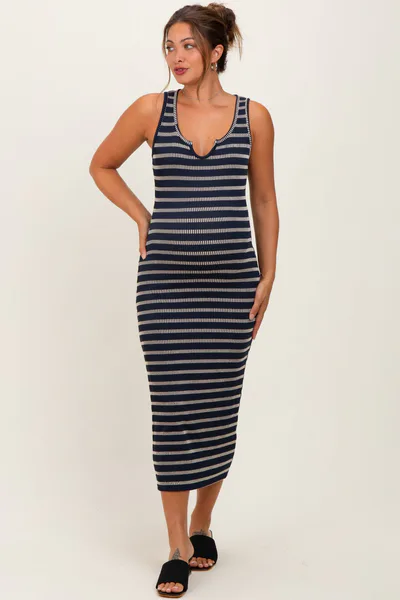 PinkBlush Navy Stripe Ribbed Sleeveless V Neck Maternity Maxi Dress