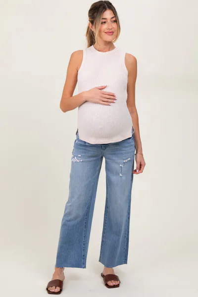 PinkBlush Blue Distressed Raw Hem Cropped Wide Leg Maternity Jeans