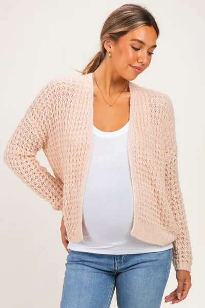 PinkBlush Oatmeal Chunky Waffle Knit Maternity Open Cardigan