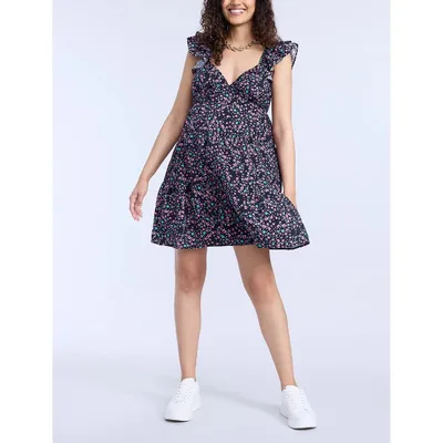 Target Women's  V-Neck Flutter Sleeve Tiered Maternity Mini Dress - Black Floral - Size: X Small - Motherhood Maternity