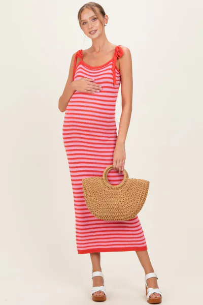 PinkBlush Pink Striped Knit Shoulder Tie Maternity Maxi Dress