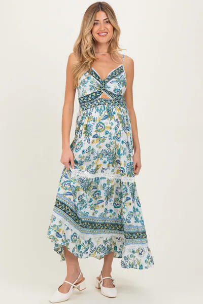 PinkBlush Ivory Floral Twisted Front Lace Detail Maternity Maxi Dress