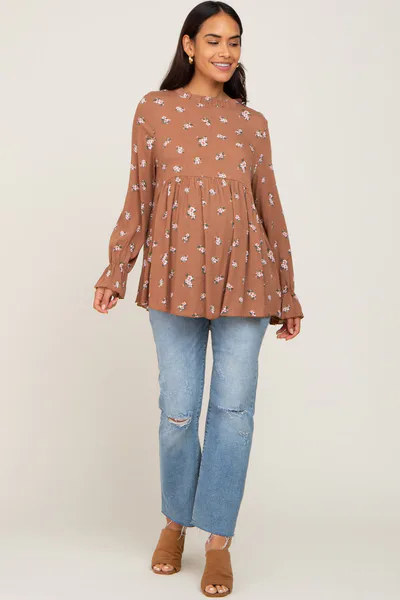 PinkBlush Rust Floral Ruffle Accent Maternity Babydoll Top