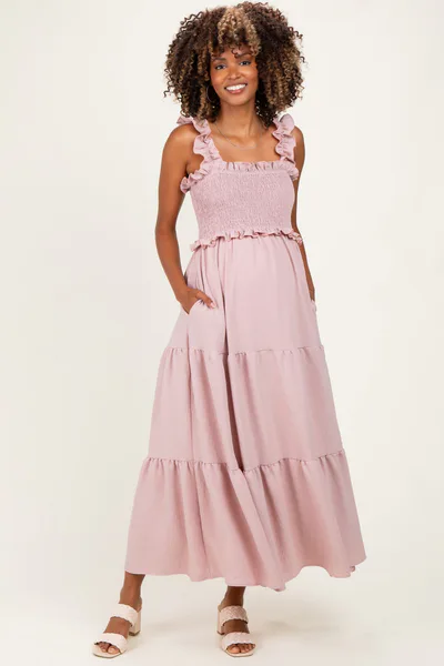 PinkBlush Light Pink Sleeveless Smocked Tiered Maxi Dress