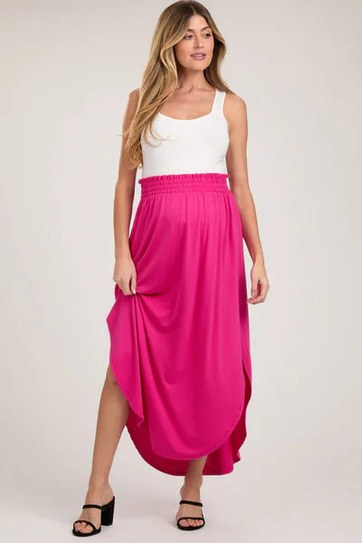 PinkBlush Fuchsia Smocked Rounded Hem Maternity Maxi Skirt