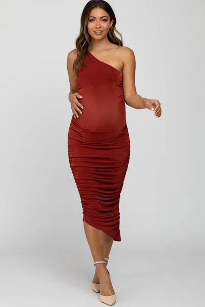 PinkBlush Rust One Shoulder Ruched Side Maternity Midi Dress