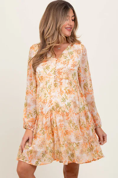 PinkBlush Orange Floral Chiffon Babydoll Long Sleeve Maternity Dress
