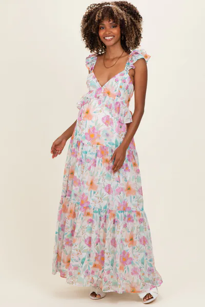 PinkBlush Ivory Floral Ruffle Accent Maternity Maxi Dress