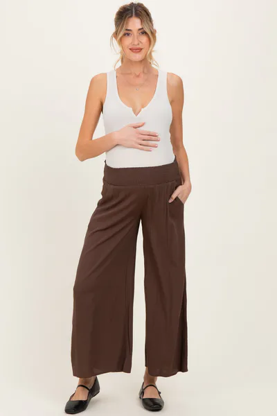 PinkBlush Chocolate Smocked Waist Ankle Wide Leg Maternity Pants