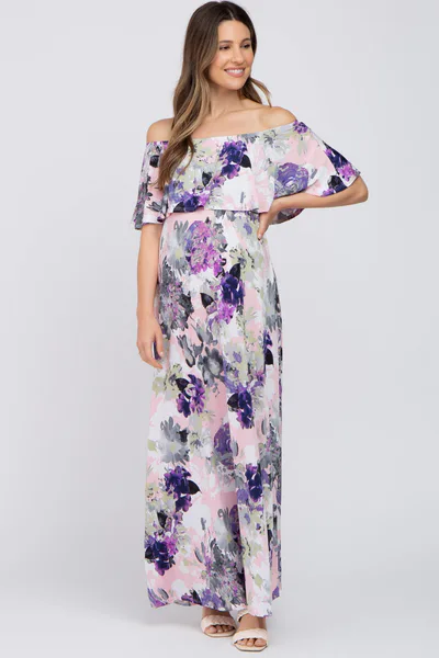 PinkBlush Purple Floral Ruffle Off Shoulder Maternity Maxi Dress