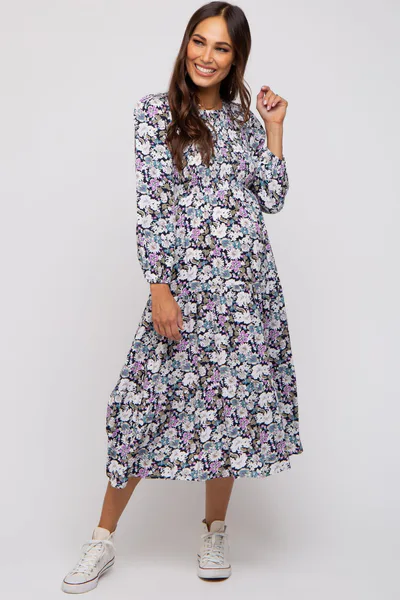PinkBlush Black Floral Smocked Tiered Maternity Midi Dress