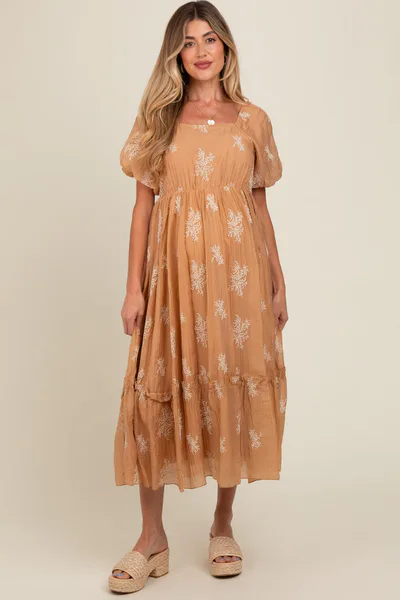 PinkBlush Camel Floral Print Ruffle Hem Maternity Maxi Dress