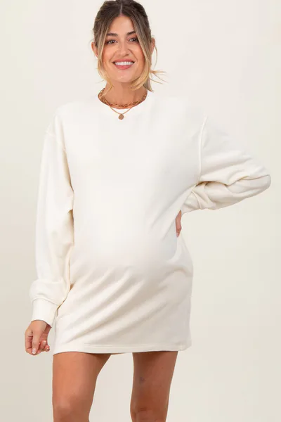 PinkBlush Cream Long Sleeve Oversized Sweatshirt Maternity Mini Dress