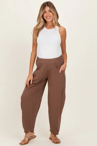PinkBlush Cocoa Linen Blend Barrel Leg Maternity Pants