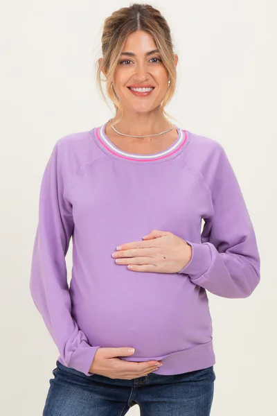 PinkBlush Violet Striped Neckline Maternity Terry Sweatshirt