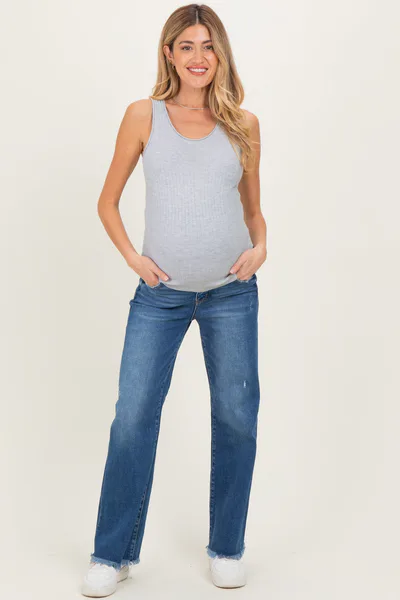 PinkBlush Navy Distressed Fringe Hem Wide Leg Maternity Jeans