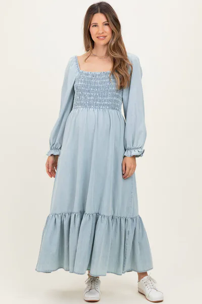 PinkBlush Light Denim Washed Sweetheart Maternity Maxi Dress