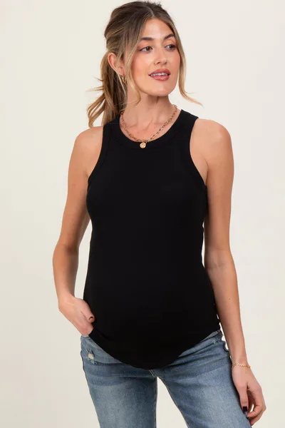 PinkBlush Black Ribbed Basic Crew Neck Maternity Tank