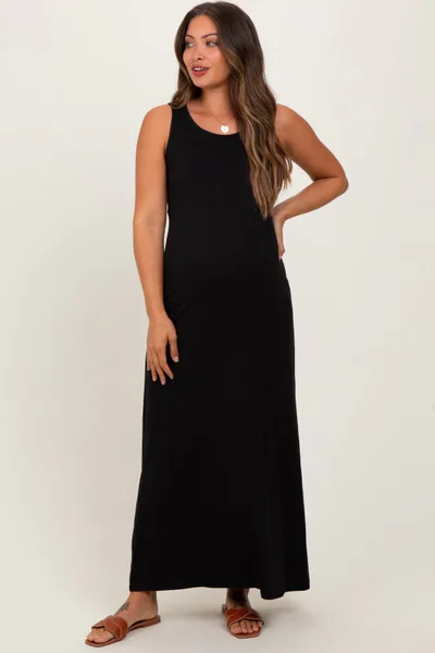 PinkBlush Black Sleeveless Flared Scoop Neck Maternity Maxi Dress