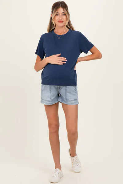 PinkBlush Light Denim Pull On Patch Pocket Maternity Denim Shorts
