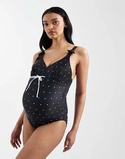 ASOS Mamalicious Maternity tie front swimsuit with nursing clip function in black polka dot print