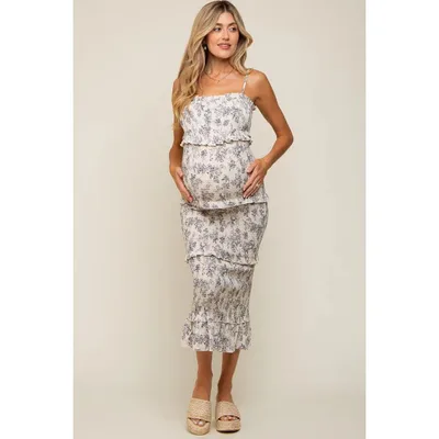 Target Pinkblush Cream Floral Smocked Fitted Maternity Midi Dress Small