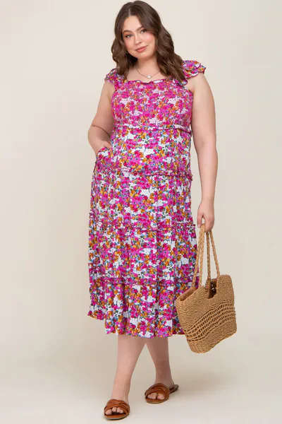 PinkBlush Magenta Floral Smocked Ruffle Tiered Maternity Midi Dress